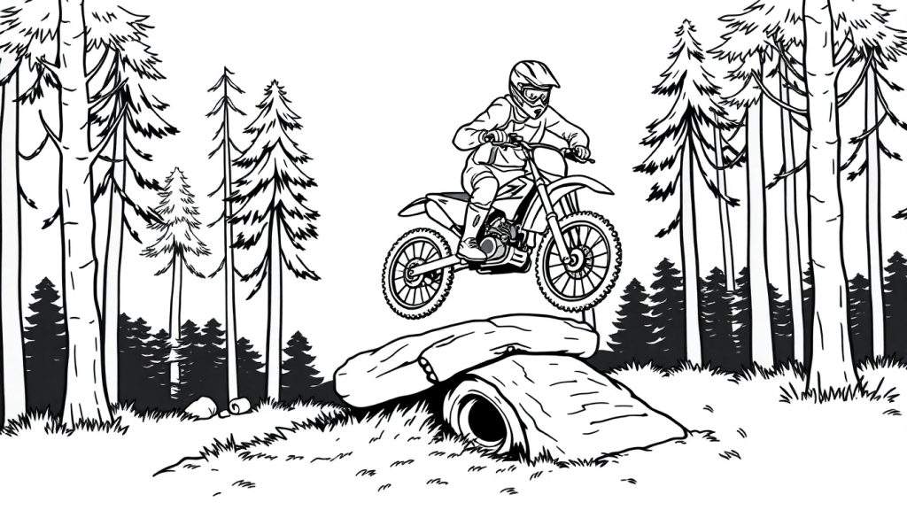 Kleurplaat van een motorcrosser die een sprong maakt over boomstammen in het bos.