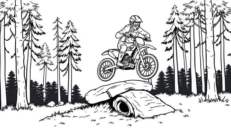 Kleurplaat van een motorcrosser die een sprong maakt over boomstammen in het bos.