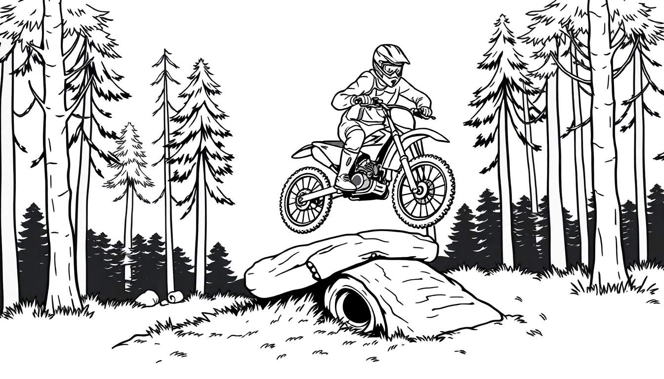 Kleurplaat van een motorcrosser die een sprong maakt over boomstammen in het bos.