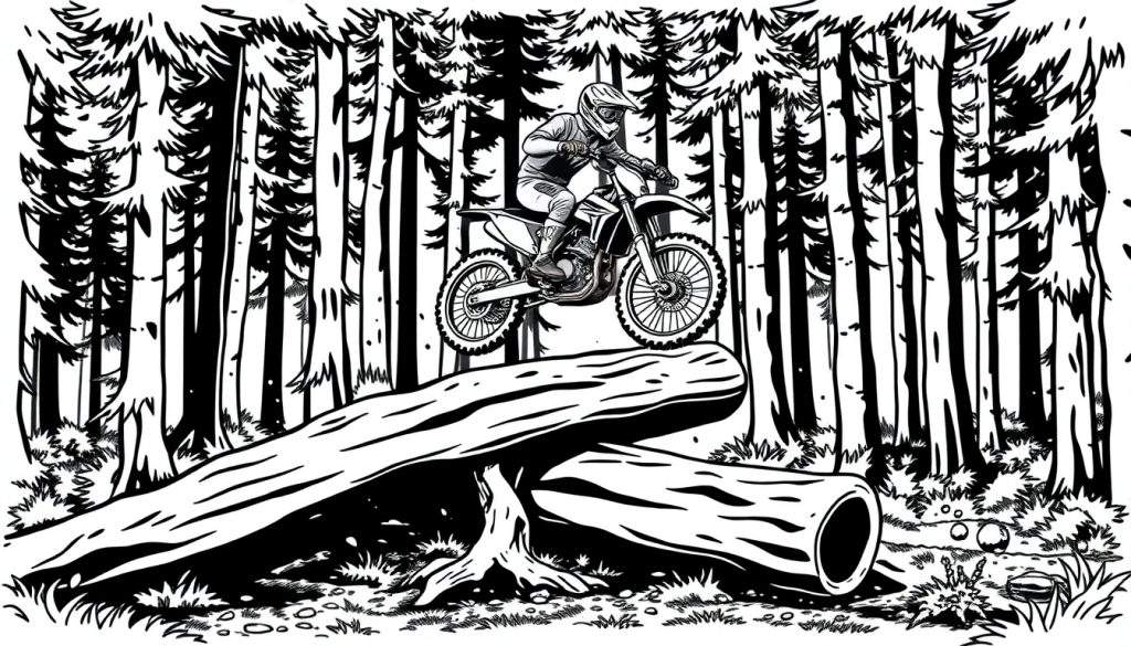 Kleurplaat van een crossmotor die over een boomstam springt in een bos, stripstijl.
