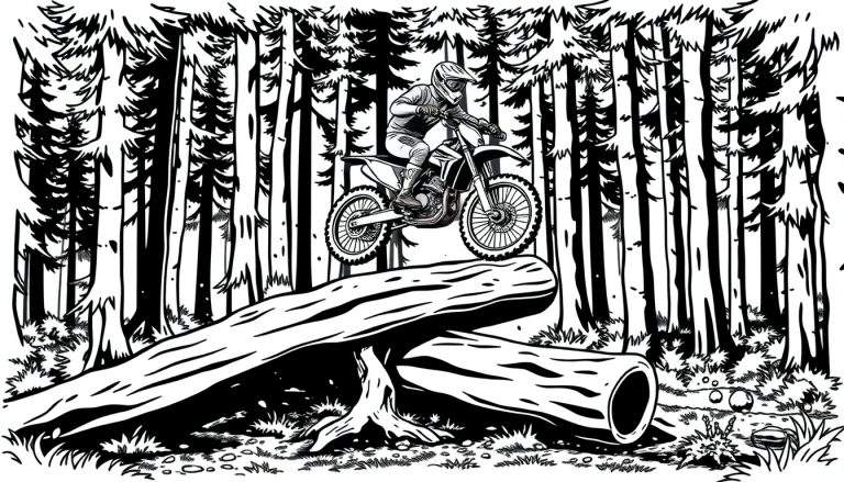 Kleurplaat van een crossmotor die over een boomstam springt in een bos, stripstijl.