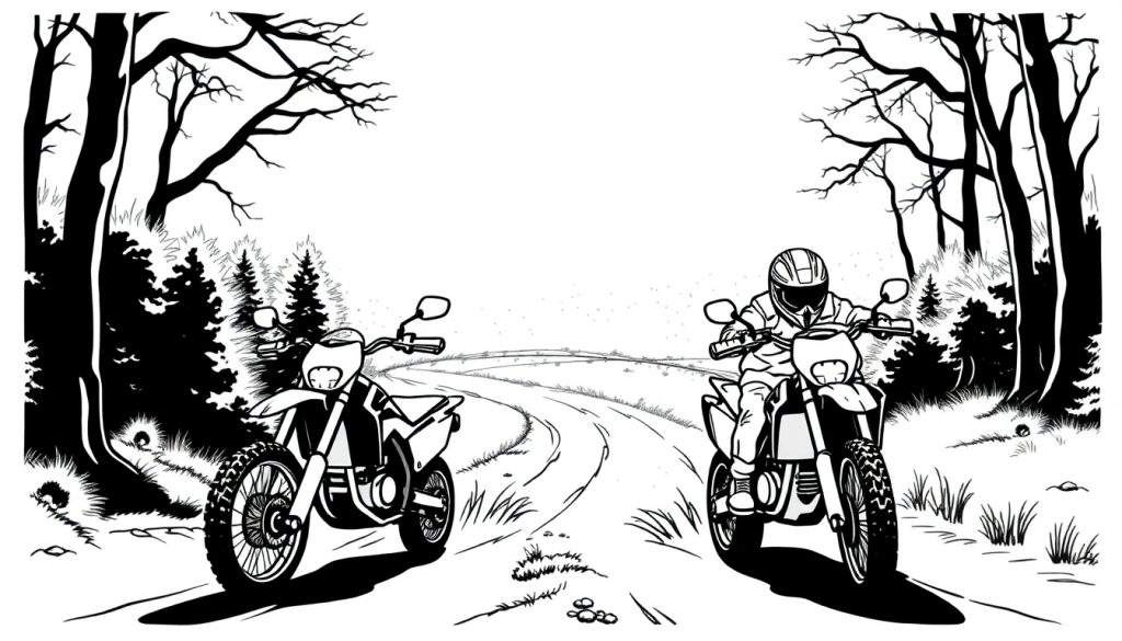 Kleurplaat: Motorcross in het bos met twee motoren en een rijder.