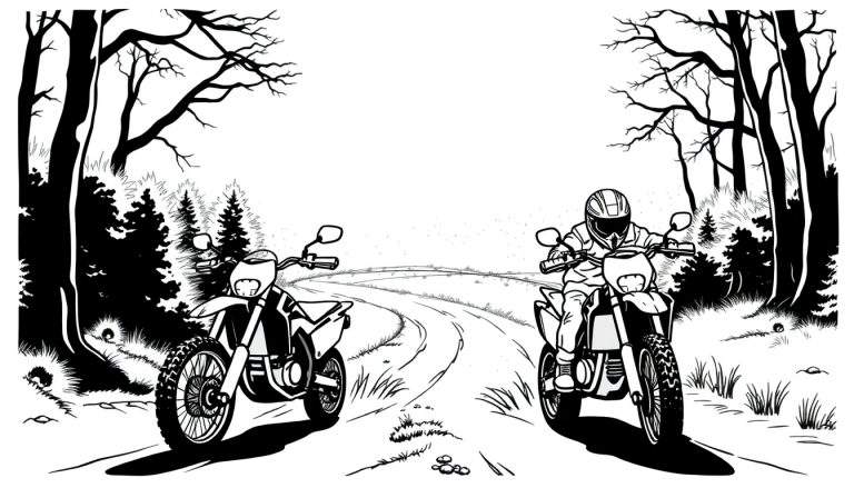 Kleurplaat: Motorcross in het bos met twee motoren en een rijder.