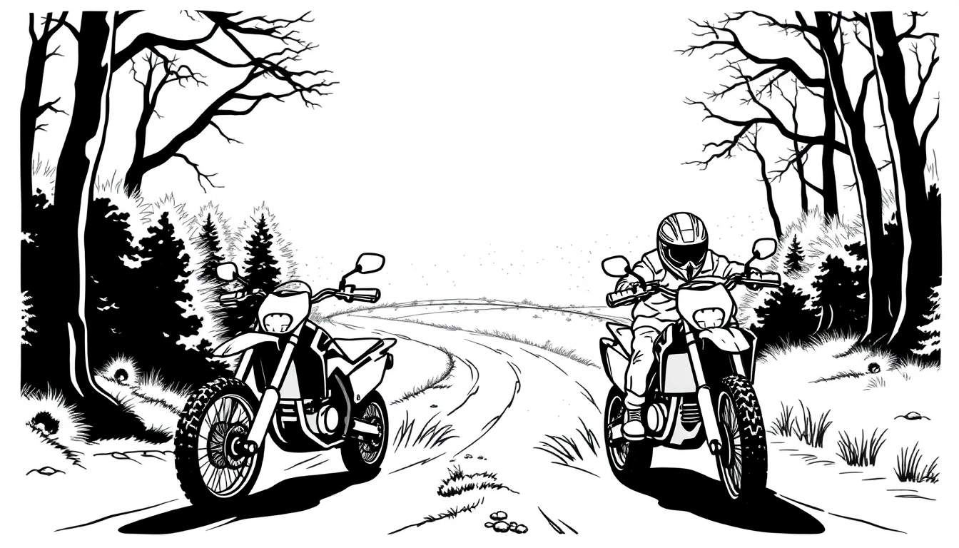 Kleurplaat: Motorcross in het bos met twee motoren en een rijder.