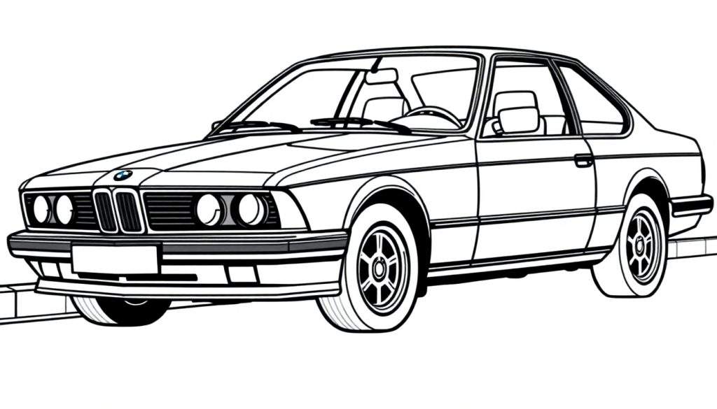 Zwart-wit kleurplaat van een BMW 635 csi coupé.