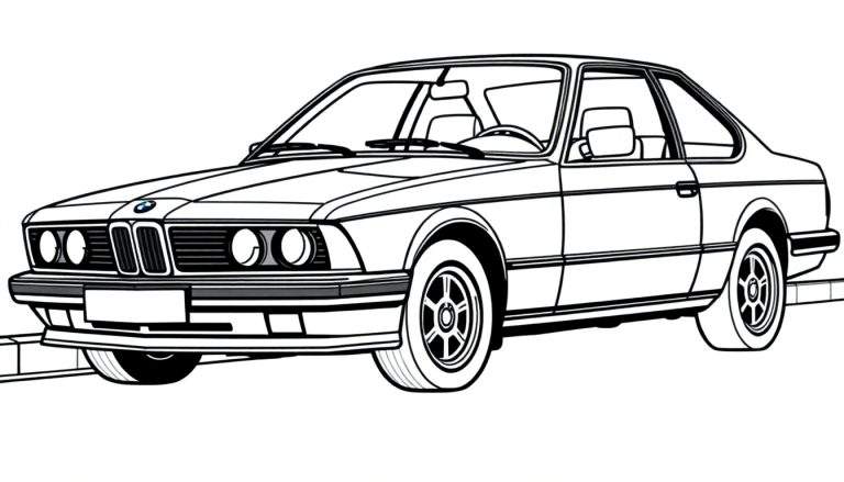 Zwart-wit kleurplaat van een BMW 635 csi coupé.