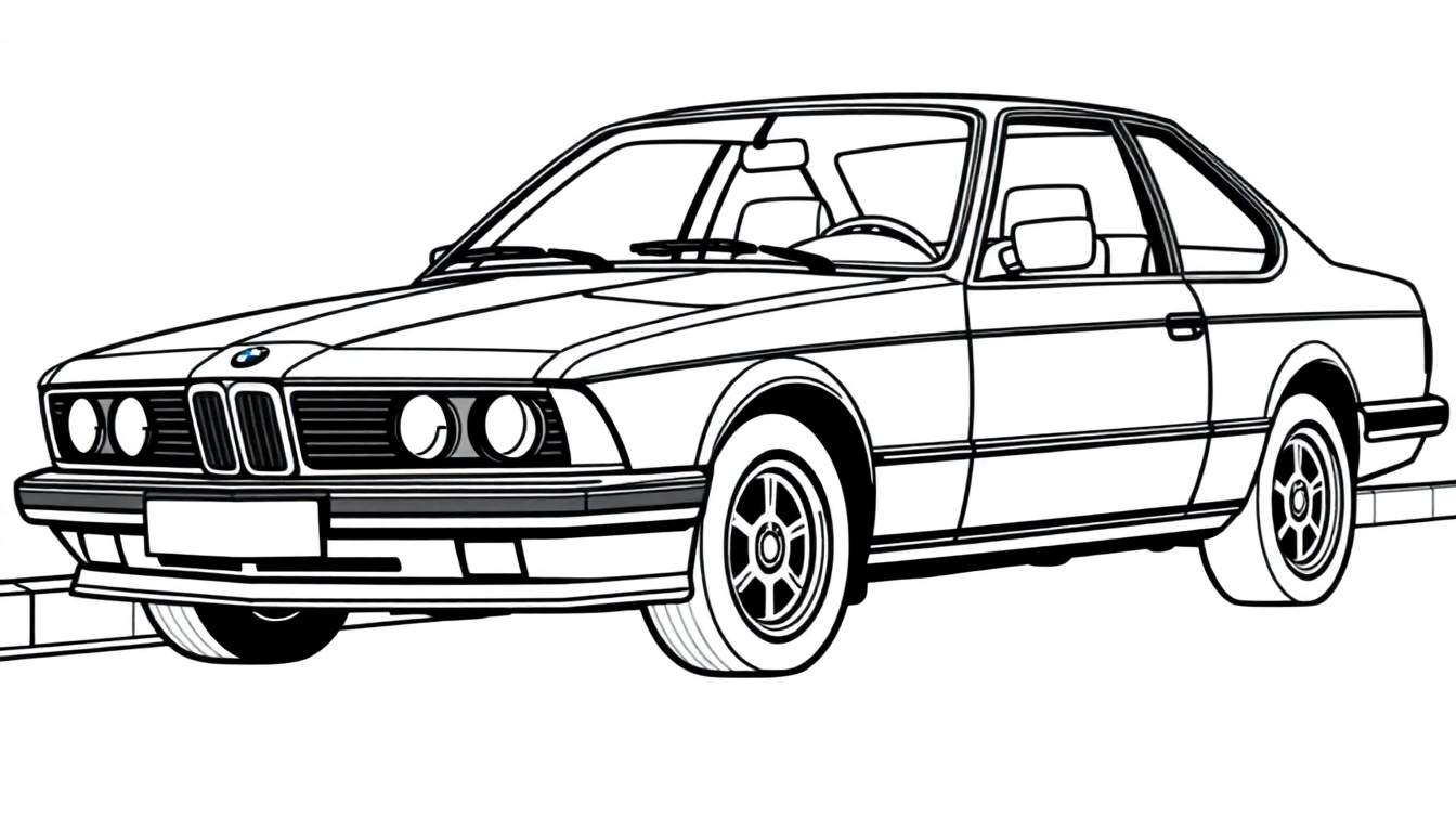 Zwart-wit kleurplaat van een BMW 635 csi coupé.