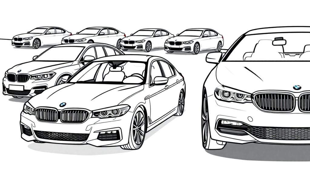 Kleurplaat van zeven zwarte BMW's op een witte achtergrond, georganiseerd in twee rijen.