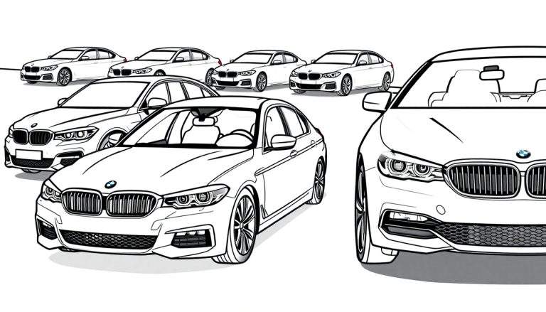 Kleurplaat van zeven zwarte BMW's op een witte achtergrond, georganiseerd in twee rijen.