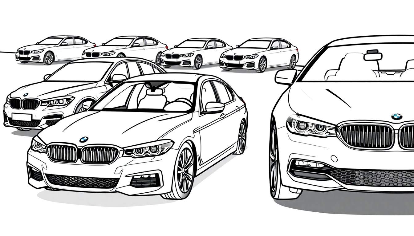 Kleurplaat van zeven zwarte BMW's op een witte achtergrond, georganiseerd in twee rijen.