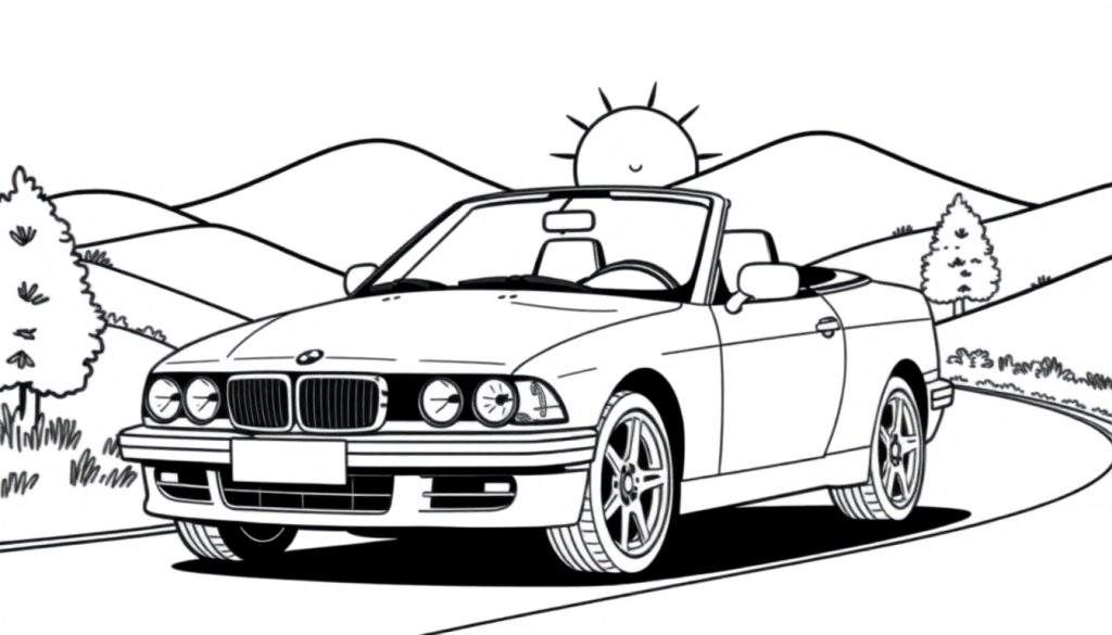 Zwart-wit kleurplaat van een BMW cabriolet op een bochtige weg met heuvels en bomen.