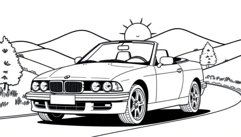 Zwart-wit kleurplaat van een BMW cabriolet op een bochtige weg met heuvels en bomen.