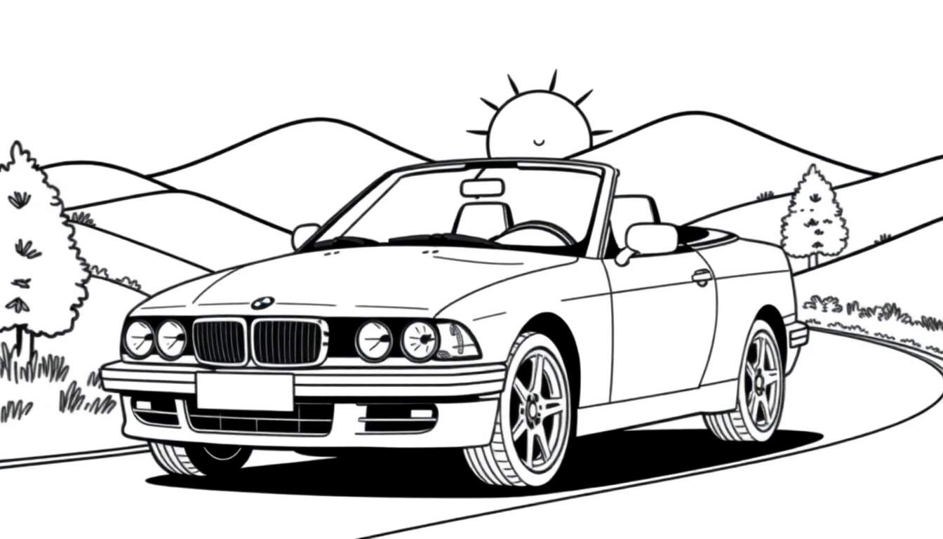 Zwart-wit kleurplaat van een BMW cabriolet op een bochtige weg met heuvels en bomen.