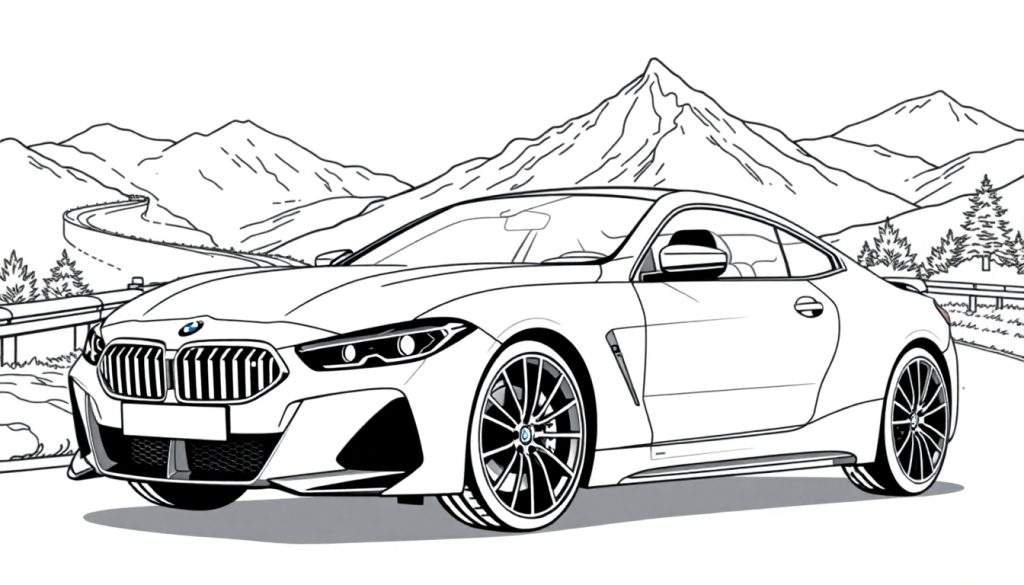 Kleurplaat van een BMW M8 sportwagen in de bergen.