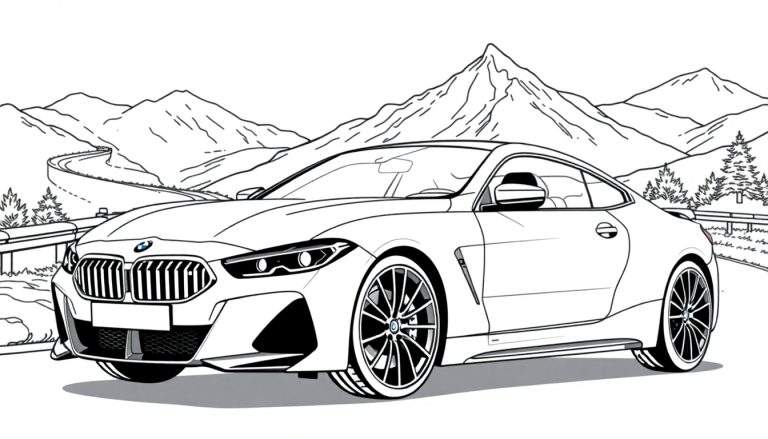 Kleurplaat van een BMW M8 sportwagen in de bergen.