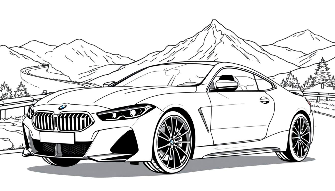 Kleurplaat van een BMW M8 sportwagen in de bergen.