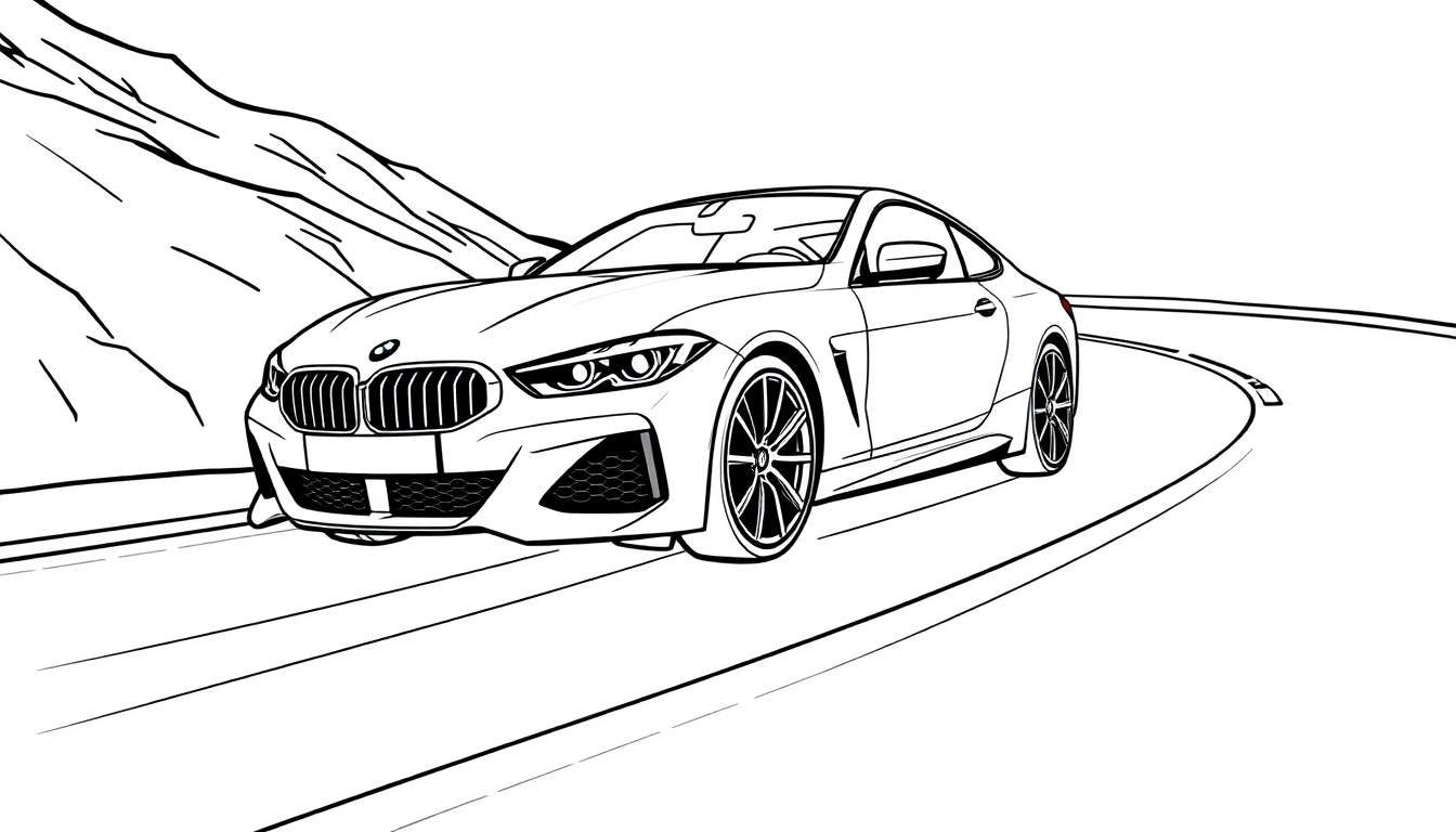 Zwart-wit kleurplaat van een BMW M8 op een bochtige bergweg.