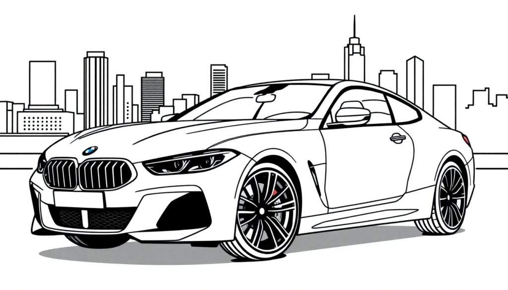 Zwart-wit kleurplaat van een BMW M8 coupé met stad op de achtergrond.