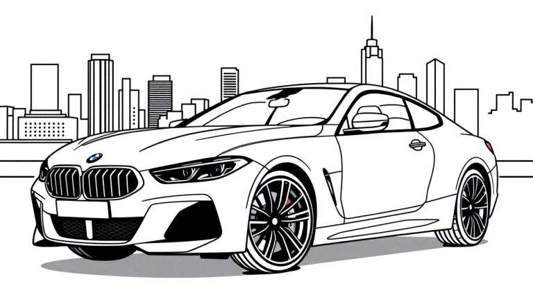 Zwart-wit kleurplaat van een BMW M8 coupé met stad op de achtergrond.