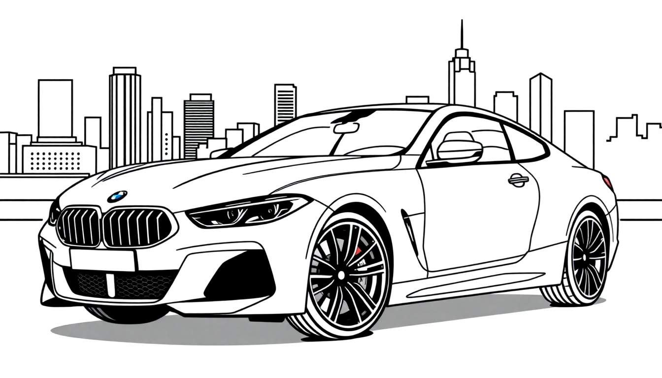 Zwart-wit kleurplaat van een BMW M8 coupé met stad op de achtergrond.