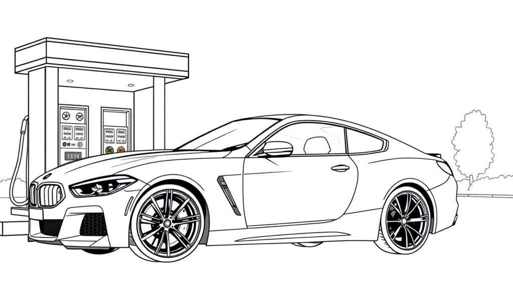 Een zwart-wit kleurplaat van een BMW M8 bij een tankstation.