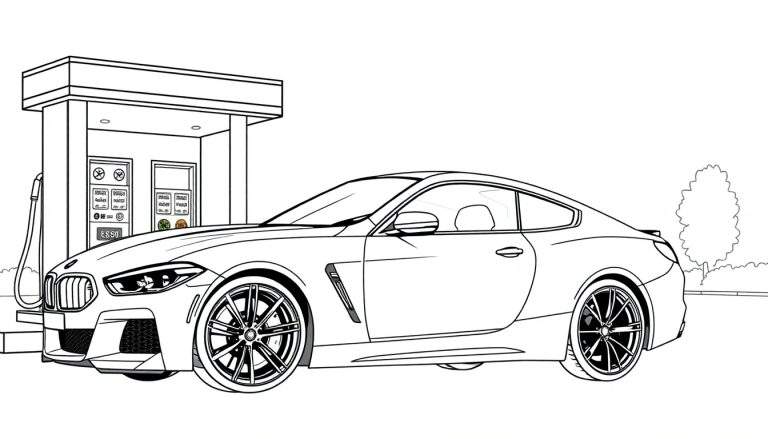 Een zwart-wit kleurplaat van een BMW M8 bij een tankstation.