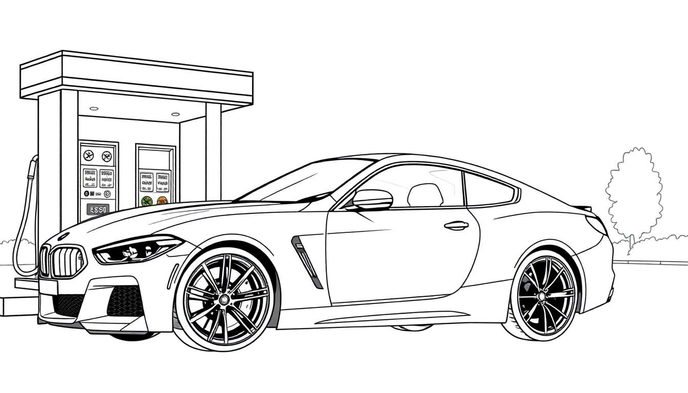 Een zwart-wit kleurplaat van een BMW M8 bij een tankstation.