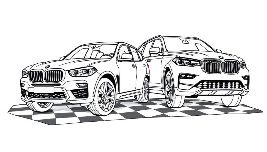 Kleurplaat van een BMW X6 en BMW X7 in lijnen op een dambord.
