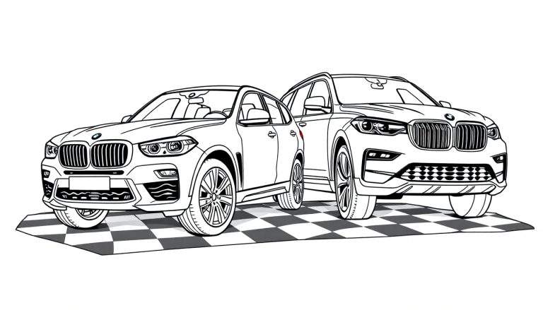 Kleurplaat van een BMW X6 en BMW X7 in lijnen op een dambord.