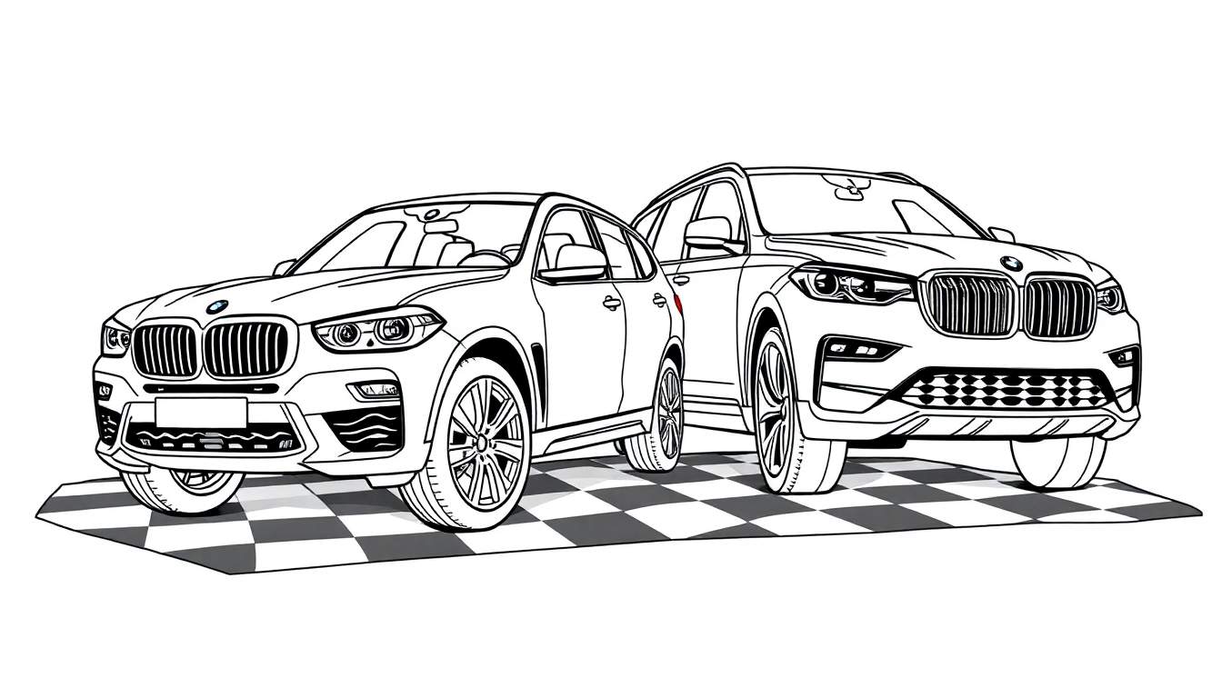 Kleurplaat van een BMW X6 en BMW X7 in lijnen op een dambord.
