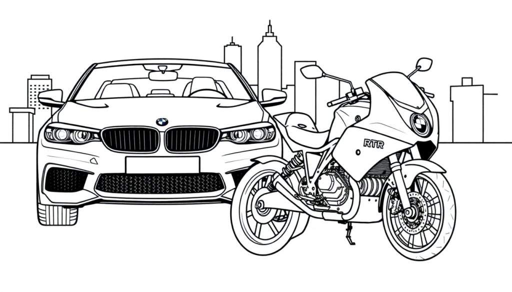 Kleurplaat van een zwarte BMW en een motorfiets in een stad.