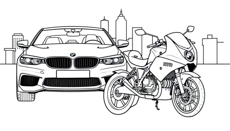 Kleurplaat van een zwarte BMW en een motorfiets in een stad.