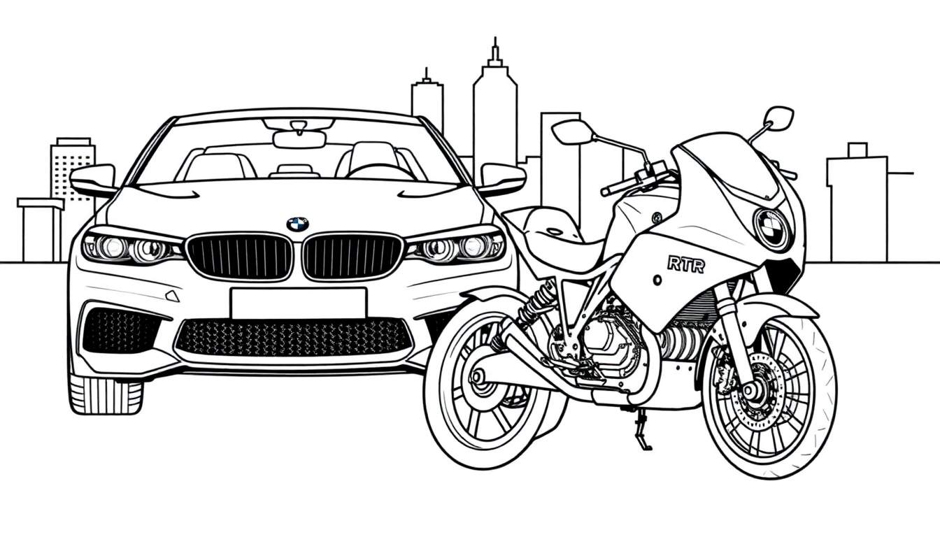 Kleurplaat van een zwarte BMW en een motorfiets in een stad.