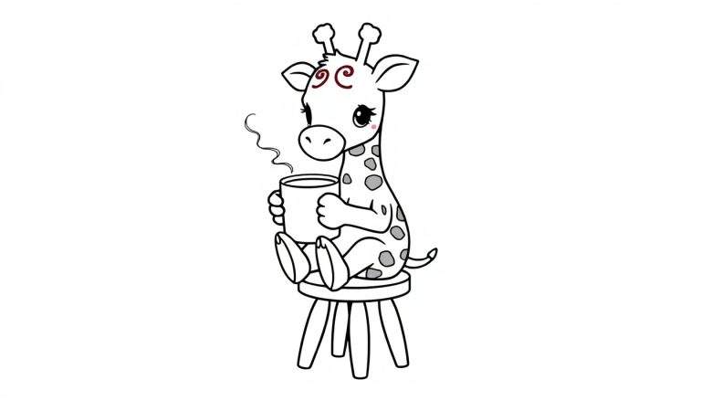 Schattige baby giraffe kleurplaat met een mok chocomelk.