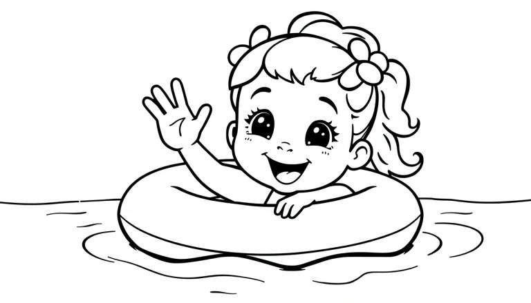 Een zwart-wit kleurplaat van een blij meisje in een zwemband.