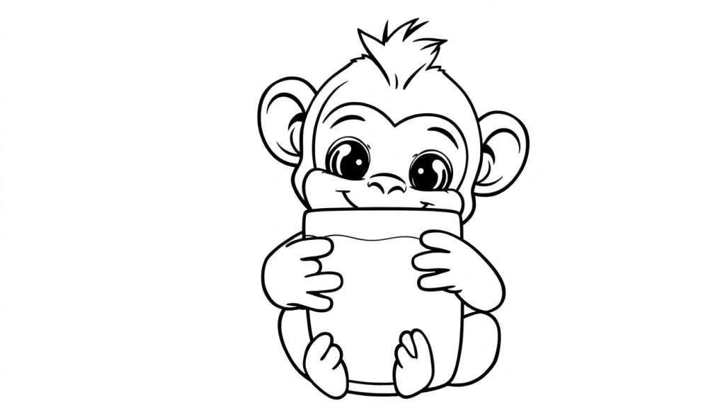 Kleurplaat van een schattige baby aap die een mok met chocomelk vasthoudt.