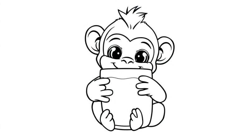 Kleurplaat van een schattige baby aap die een mok met chocomelk vasthoudt.