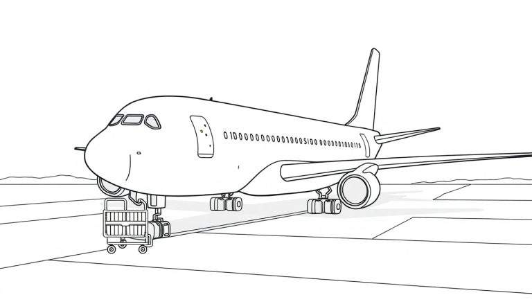 Kleurplaat van een Boeing 747 op de landingsbaan.