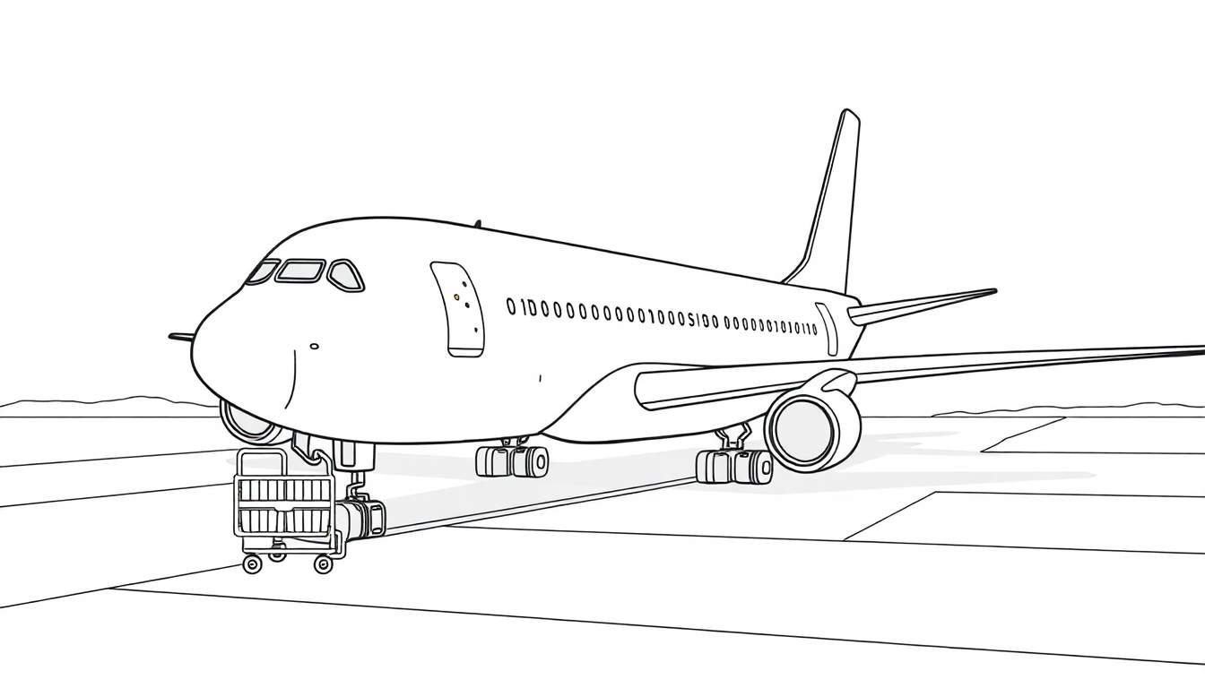 Kleurplaat van een Boeing 747 op de landingsbaan.