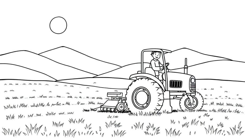 Kleurplaat van een boer op een tractor in een heuvelachtig veld onder een zon.