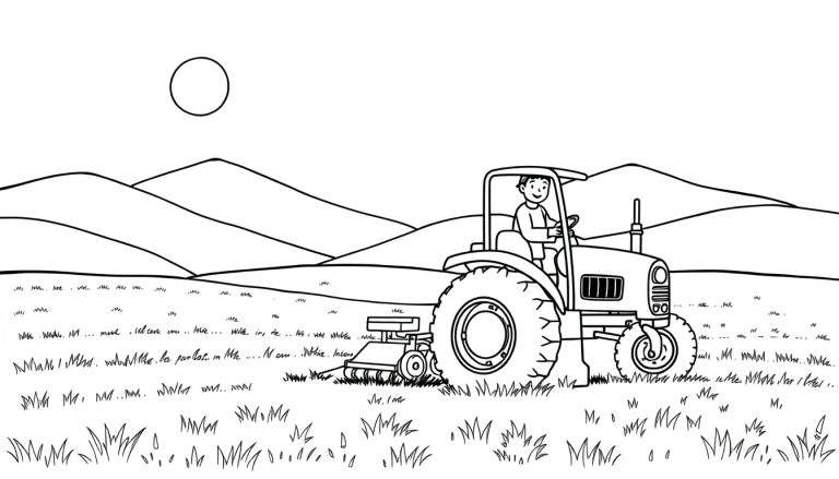 Kleurplaat van een boer op een tractor in een heuvelachtig veld onder een zon.