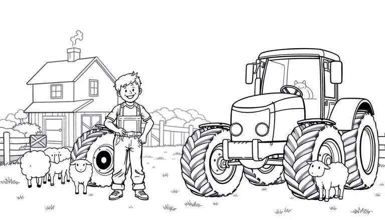 Kleurplaat van een boer met tractors en boerderij.