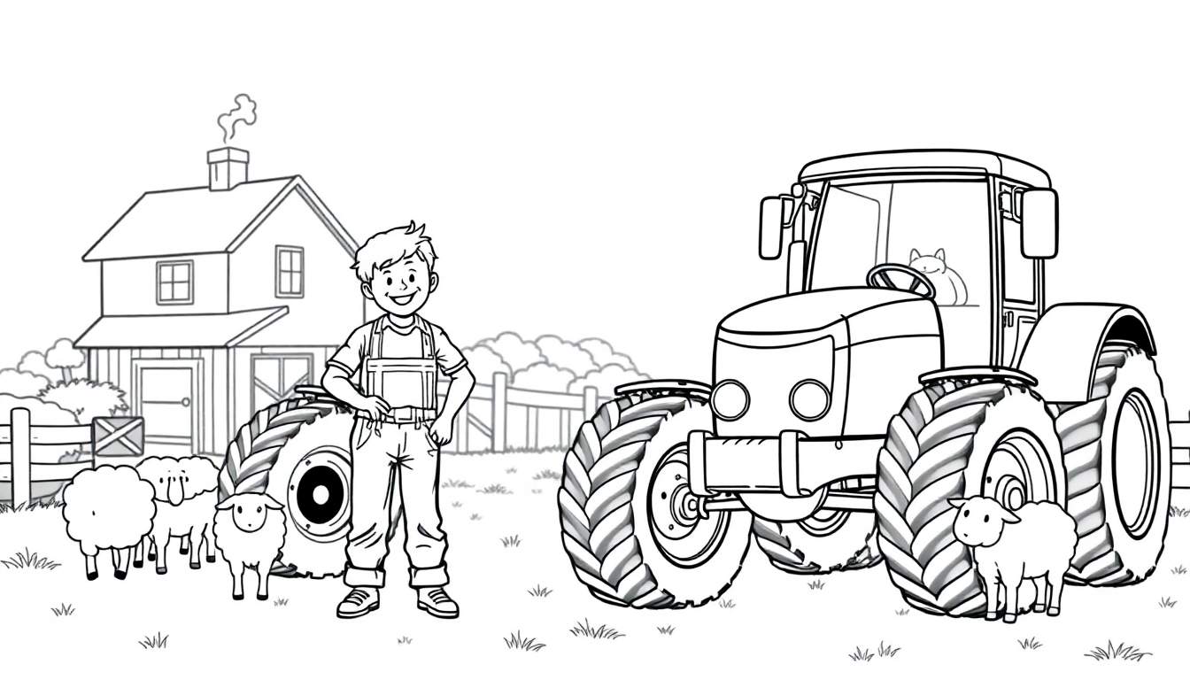 Kleurplaat van een boer met tractors en boerderij.