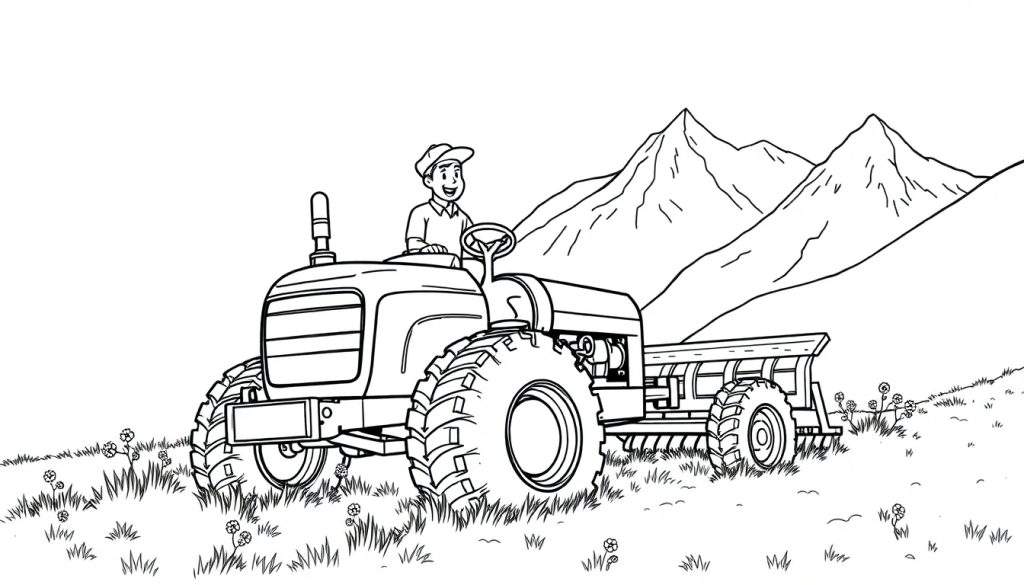 Een zwart-wit kleurplaat van een lachende boer op een tractor met een ploeg in de bergen.