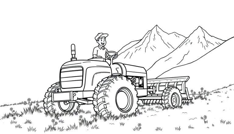 Een zwart-wit kleurplaat van een lachende boer op een tractor met een ploeg in de bergen.