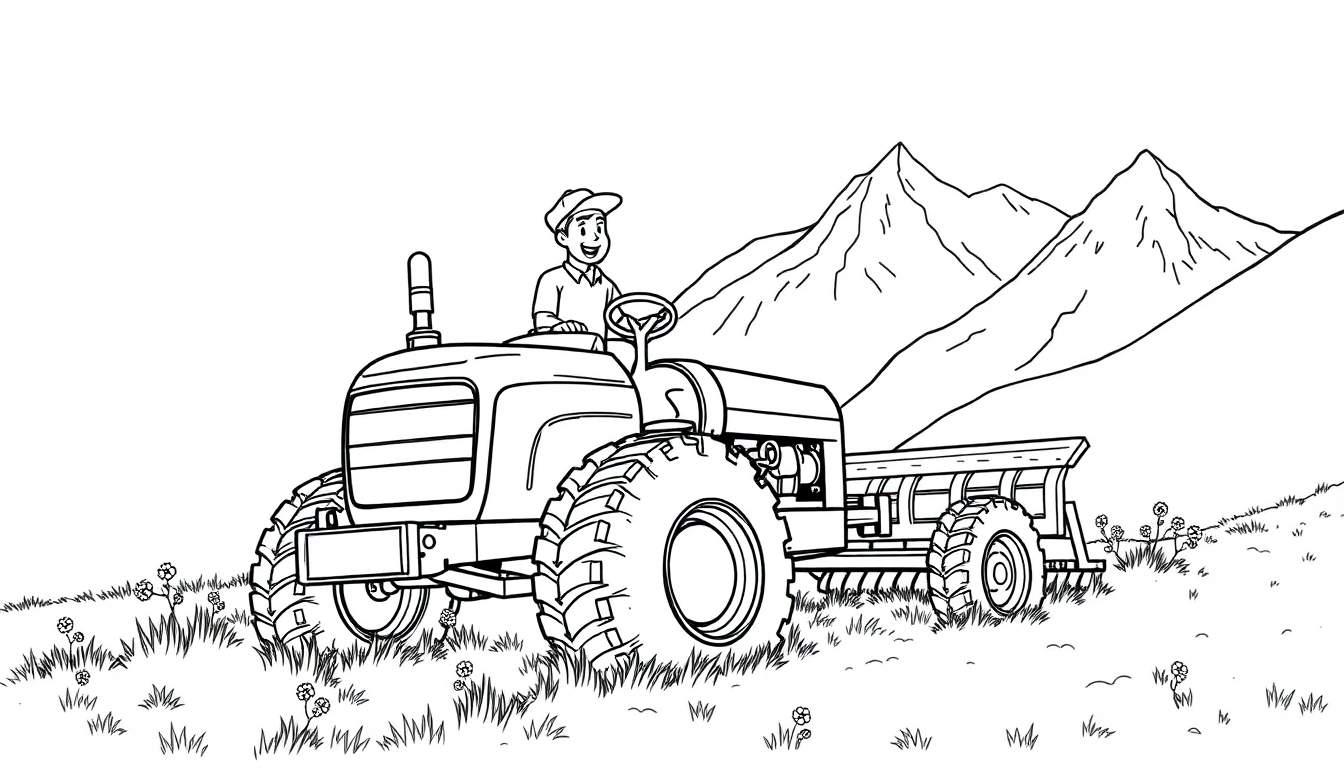 Een zwart-wit kleurplaat van een lachende boer op een tractor met een ploeg in de bergen.