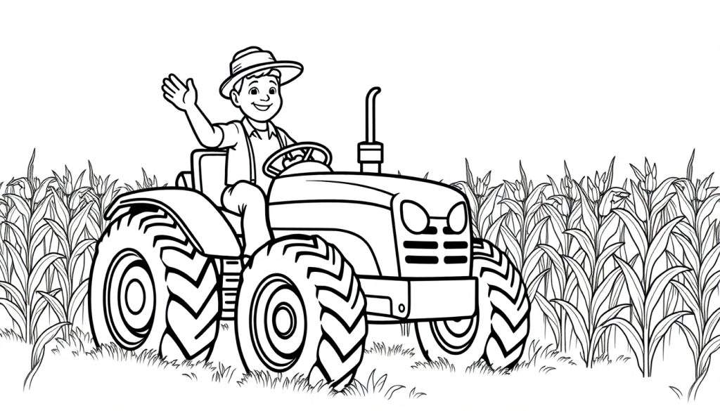 Kleurplaat van een boer op een tractor in een maisveld, zwaaiend met zijn hand.