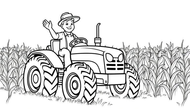 Kleurplaat van een boer op een tractor in een maisveld, zwaaiend met zijn hand.