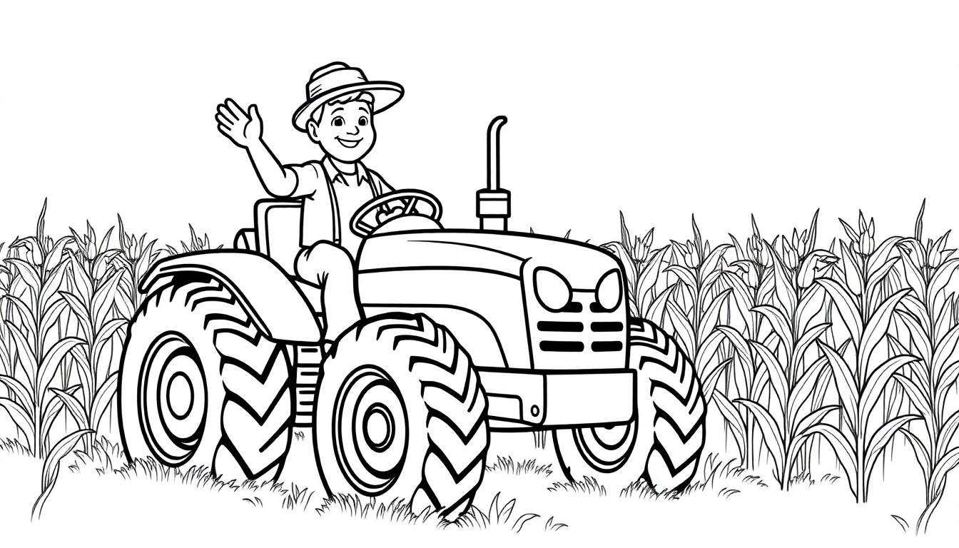 Kleurplaat van een boer op een tractor in een maisveld, zwaaiend met zijn hand.