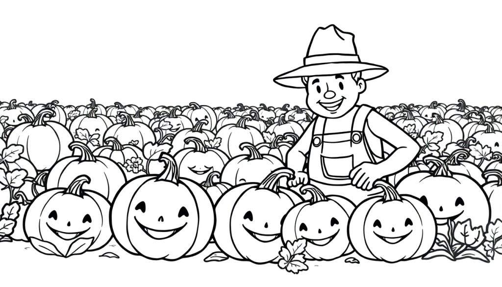 Een boer op een kleurplaat van een pompoenveld met lachende pompoenen.